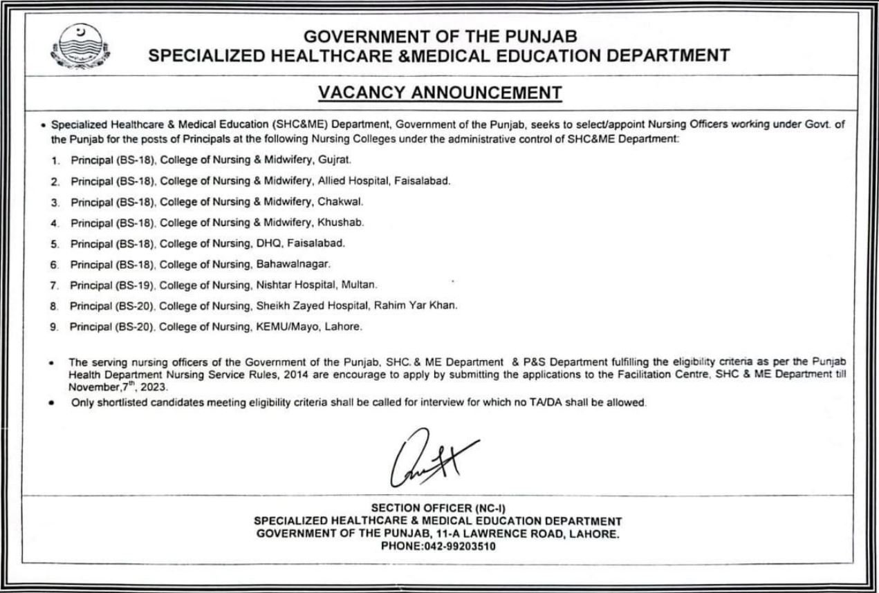 Govt of Punjab Nursing Officer Jobs 2023SHC&ME Department