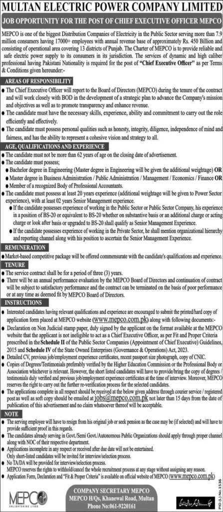 MEPCO Multan job Chief Executive Officer