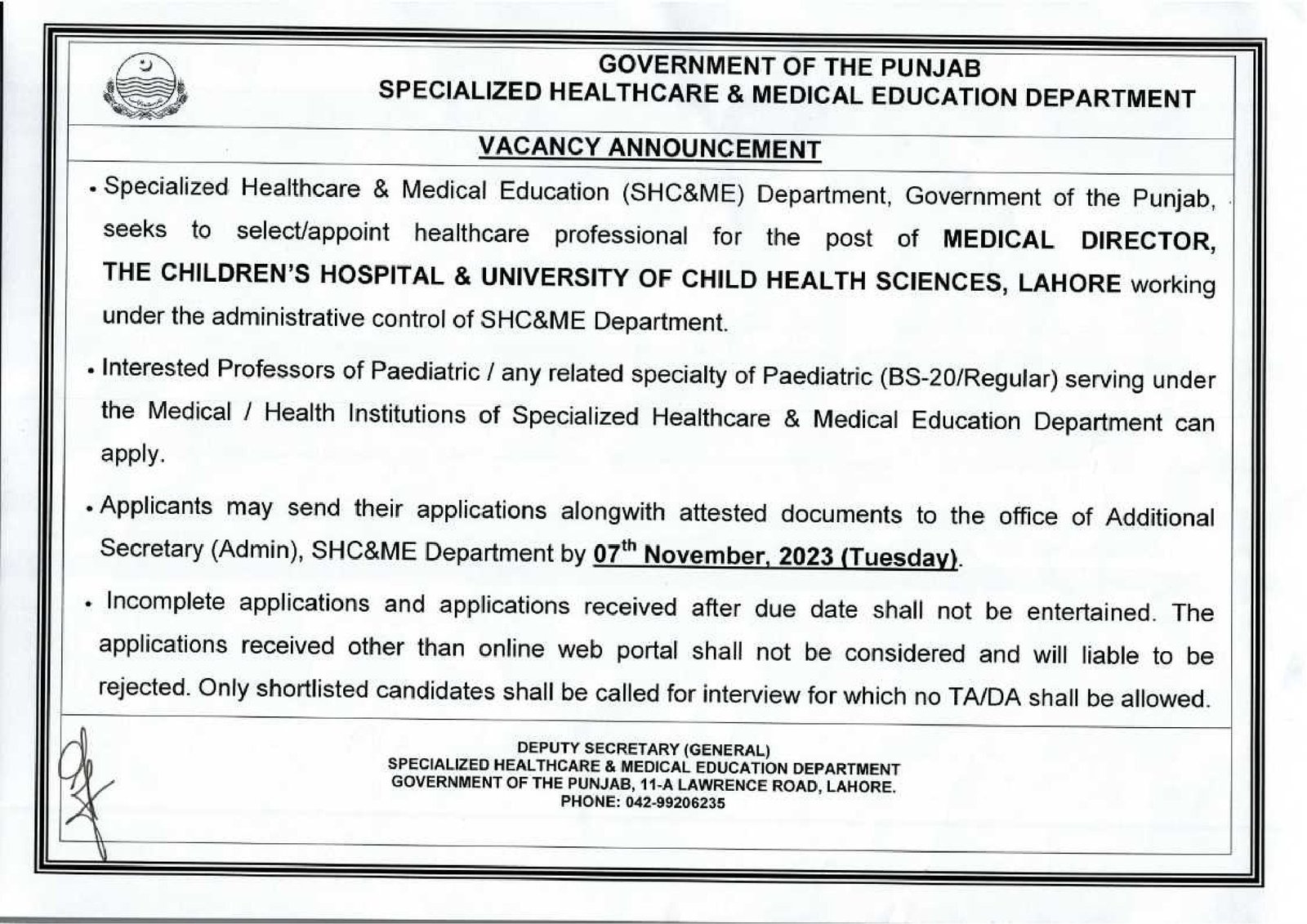 Medical Director Job (HC&ME) Department November 2023