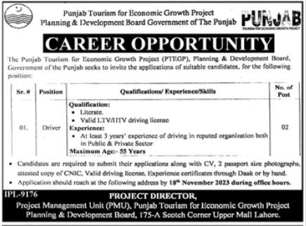 Driver Job Punjab Tourism for Economic Growth Project 2023