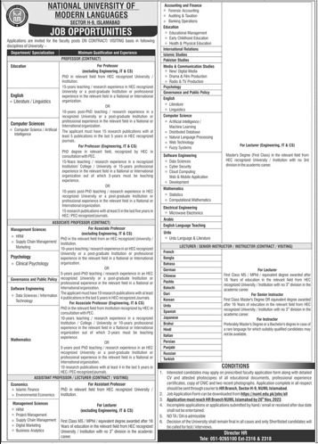 Professor/Lecturer jobs at NUML University November 2023