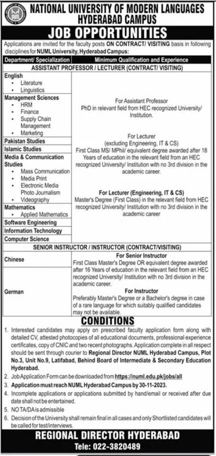 Professor/Lecturer Job November 2023 at NUML Hyderabad Campus