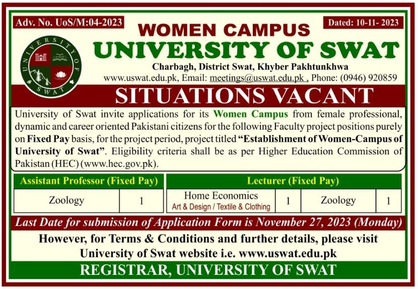 Assistant Professor/Lecturer Jobs (Female) at Swat University November 2023 (www.uswat.edu.pk)