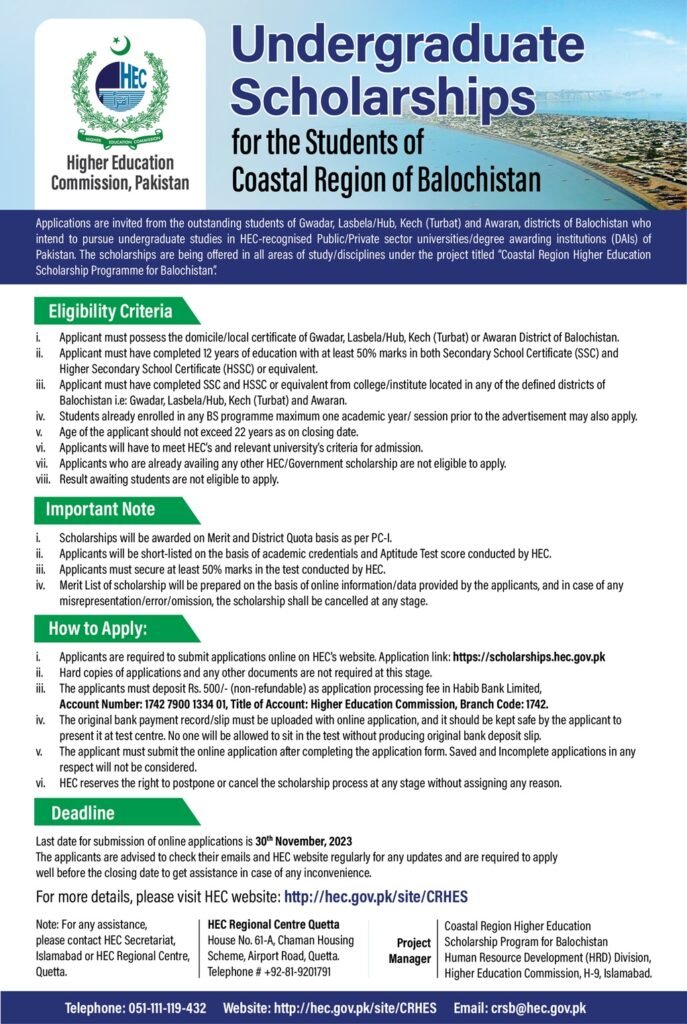 Coastal Region Higher Education Commission (HEC) of Pakistan Scholarship 2023 Program for Balochistan