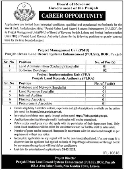 Board of Revenue Govt of Punjab Land Revenue Specialist Job December 2023 - Online Apply