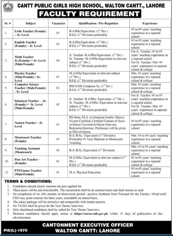 Cantt Public Girls High School Lahore Faculty Job December 2023 - Online Apply