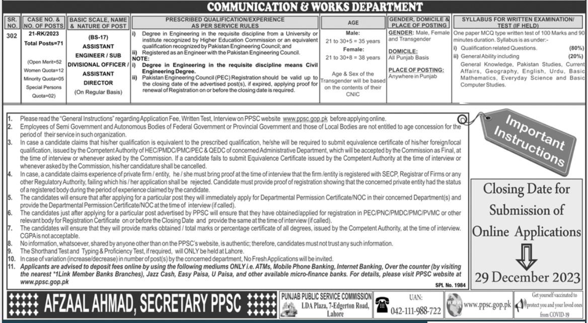 PPSC Communication & Works Department Assistant Civil Engineer (71) Jobs December 2023