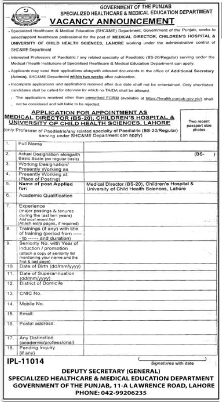 SHC&ME Medical Director Position for Child Health Sciences, Lahore 2023