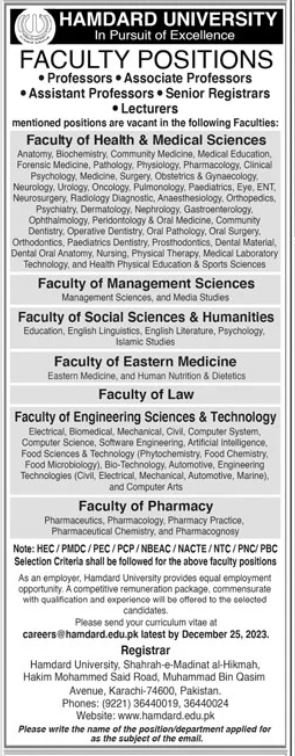 Hamdard University Faculty Job December 2023