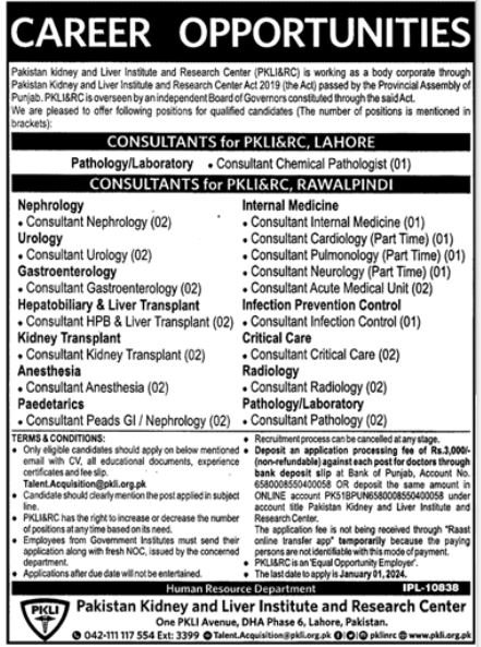 Pakistan Kidney and Liver Institute and Research Center Doctor's Job 2023
