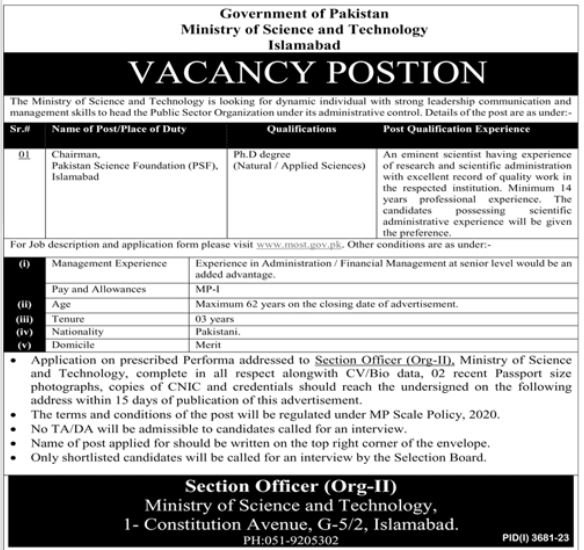 Ministry of Science and Technology Chairman Job, Islamabad