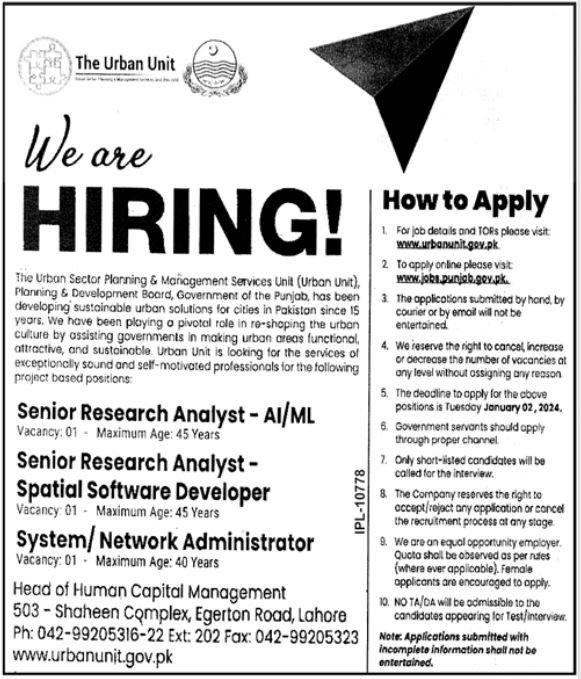 Urban Unit Senior Research Analyst IT Jobs Lahore 2023