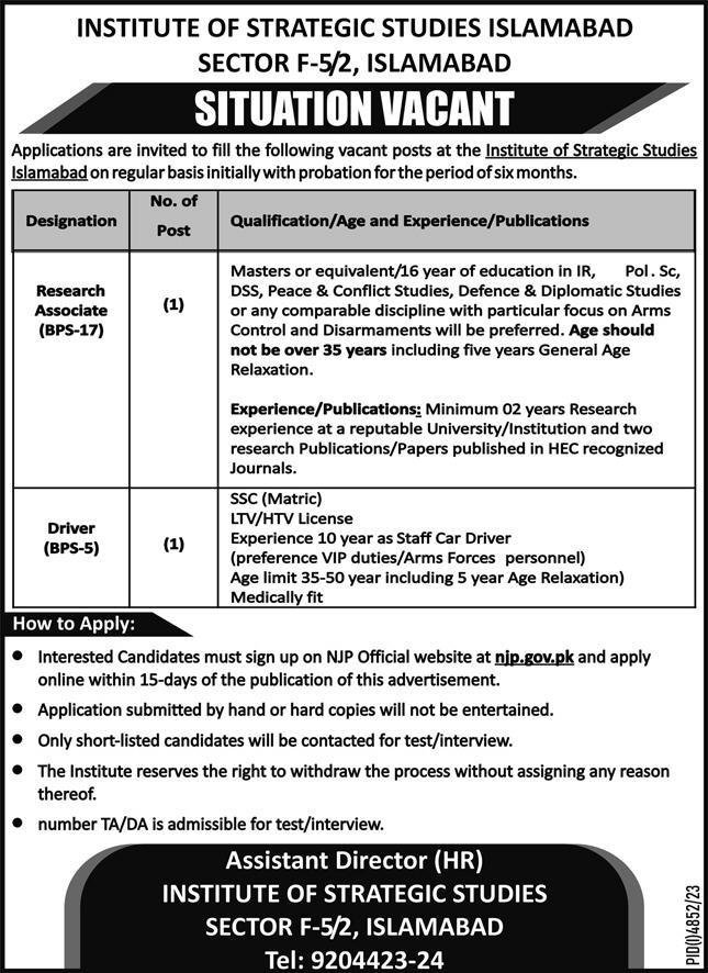 Research Associate Position Strategic Studies Islamabad Today Apply