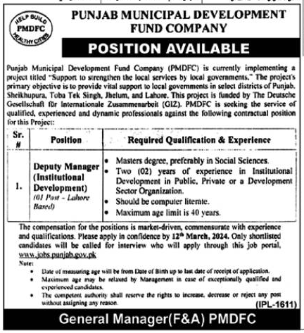 Deputy Manager Opportunity Punjab Municipal Development Department Lahore-2024