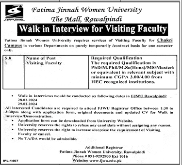 Fatima Jinnah Women University The Mall, Rawalpindi Faculty Jobs 2024 