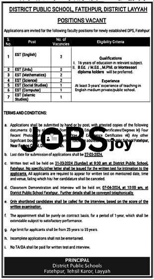 Public School Fatehpur, District Layyah Jobs 2024