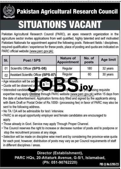 PARC - Pakistan Agricultural Research Council Scientific Officer Jobs 2024