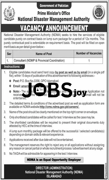 Government of Pakistan Consultant Prime Minister's NDMA Office job 2024