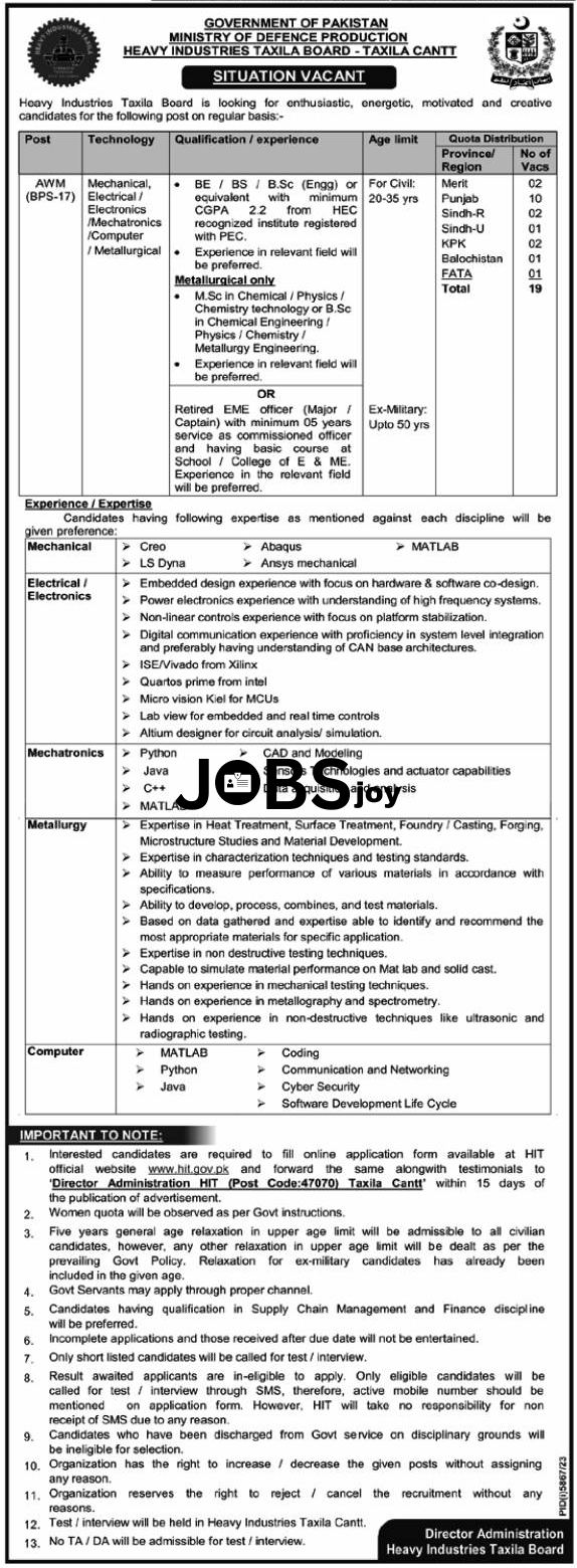 Ministry of Defence Production Heavy Industries Taxila AWM Jobs 2024