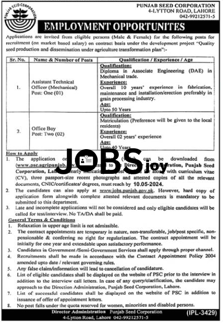 Assistant Technical Punjab Seed Corporation Employment Opportunities 2024