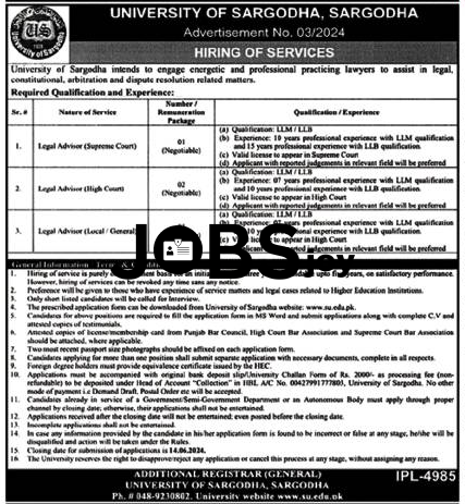 University of Sargodha Legal Advisor Opportunity 2024