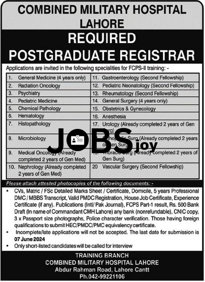 Medical Officer Opportunity Combined Military Hospital Lahore 2024