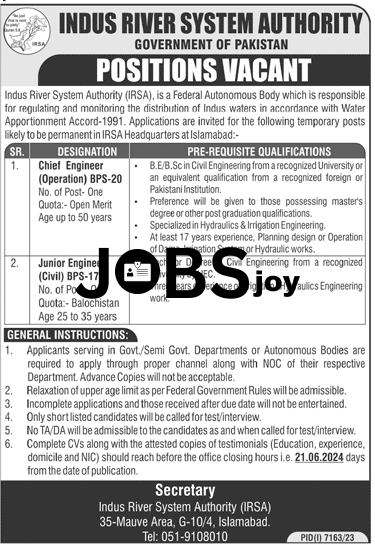 Indus River System Authority Civil Engineer Jobs 2024