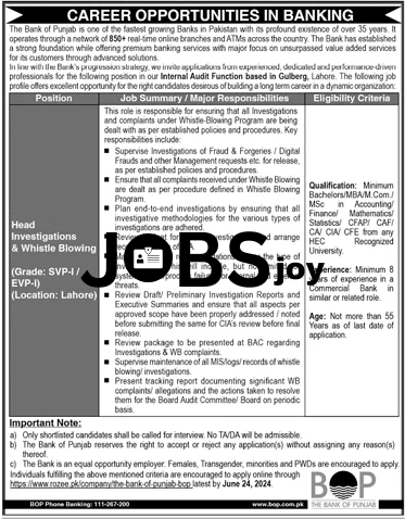 BOP-Bank of Punjab Investigations & Whistle Blowing Job 2024 - Apply Online