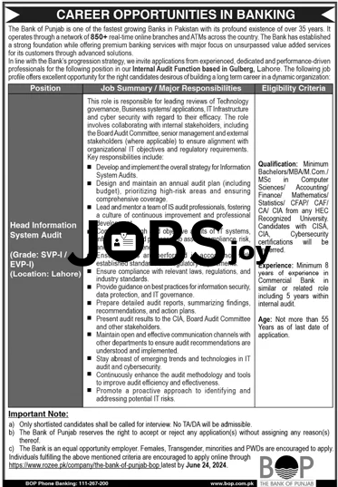Bank of Punjab Information System Audit Job 2024 – Apply Online