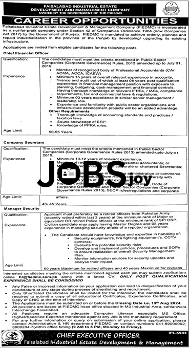 Chief Manager Faisalabad Industrial Estate Development and Management Jobs 2024